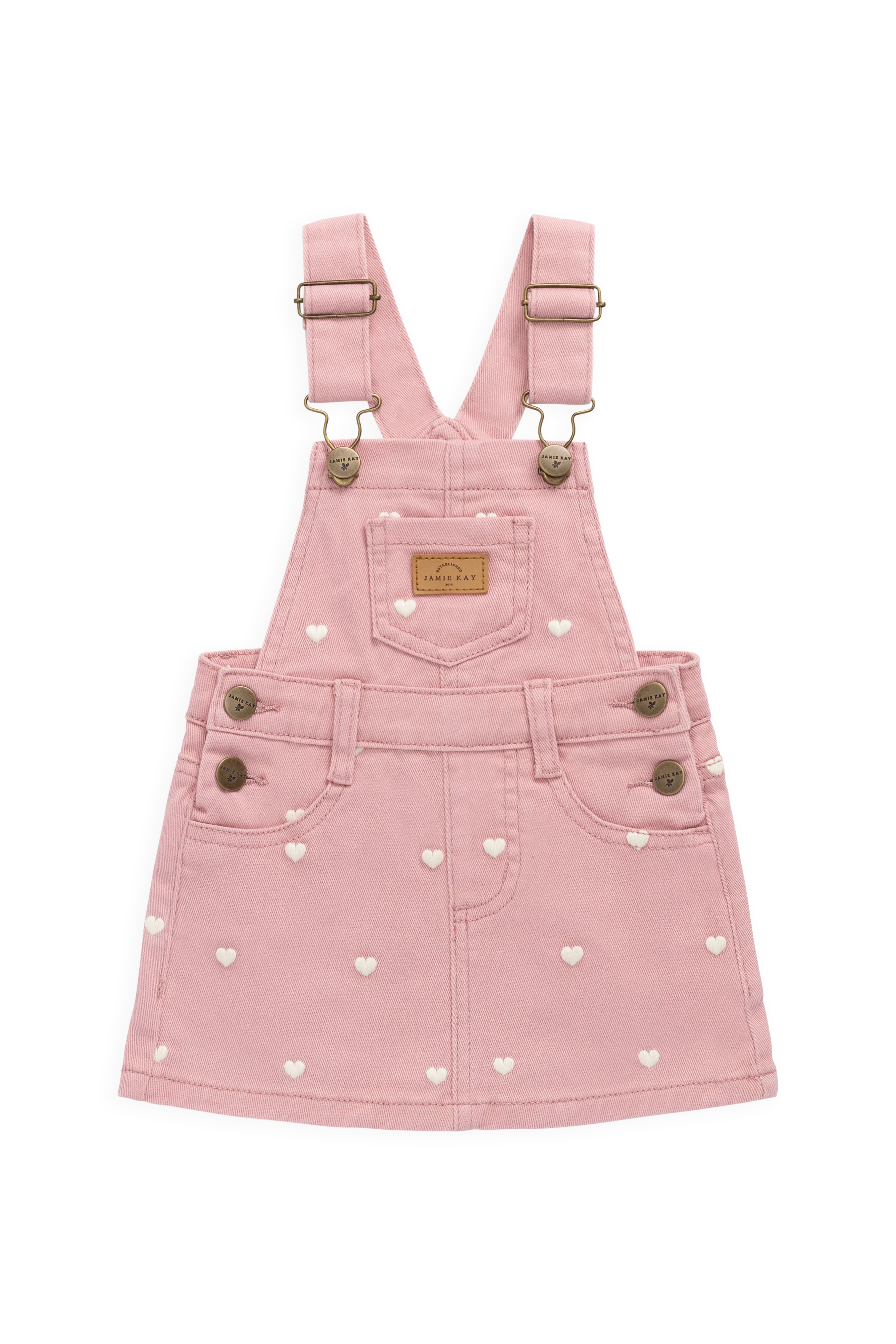Romantic Pink Heart-Print Cotton-Elastane Classic Overall Dress with Adjustable Straps for Girls 6M–8Y