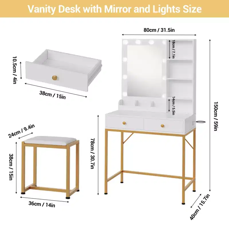 COZONY Vanity Desk Set w/ Mirror, 3 Lighting Modes, 2 Drawers, Charging Station & Stool for Bedroom/Dressing Rm