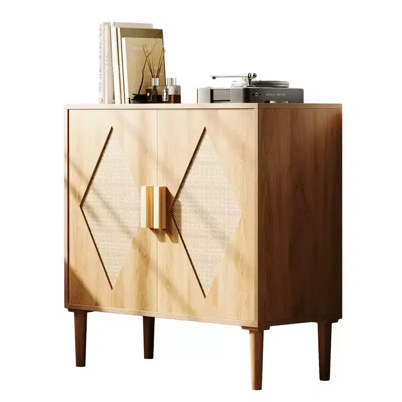 Storage Cabinet with Rattan Doors, Cabinet with Storage, Multifunctional Cupboard with Adjustable Interior Shelves for Living Room, Entryway,Natural