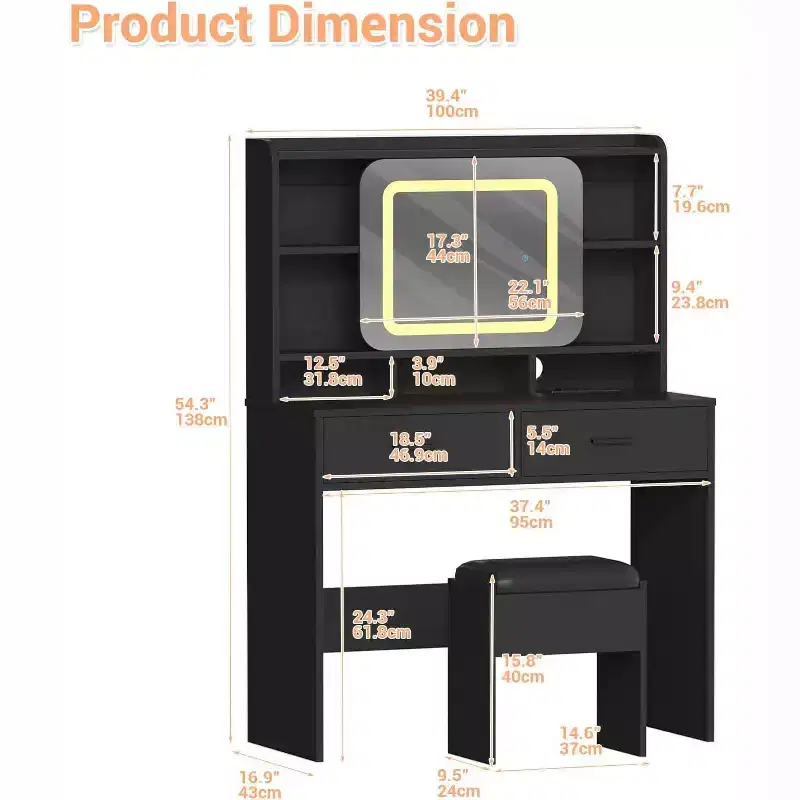 COZONY Vanity Desk with Lighted Mirror and Stool, Sliding Makeup Table with Storage Shelves and Drawers