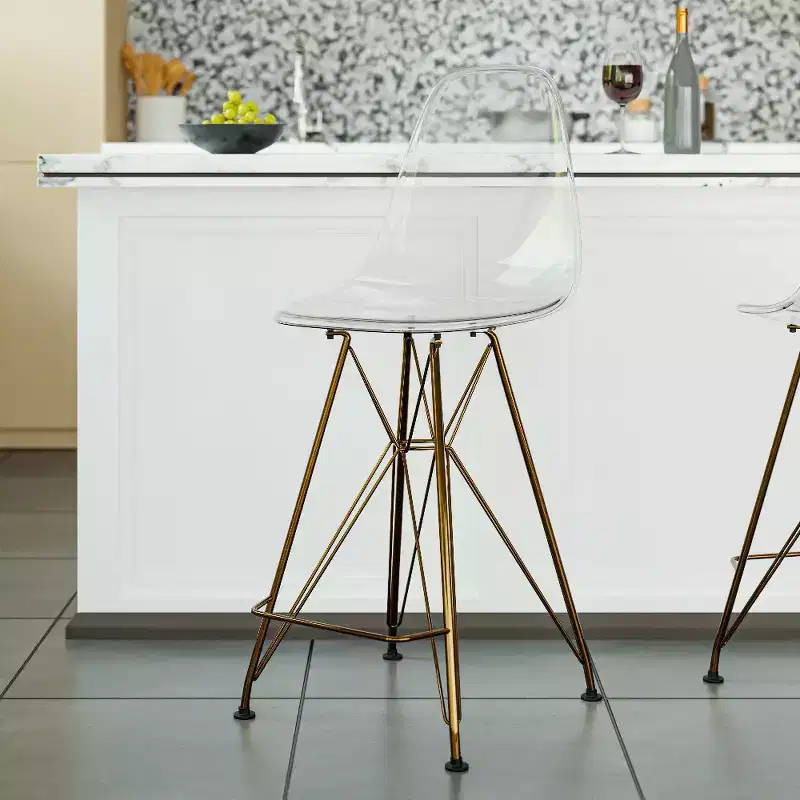 Clear / Transparent Acrylic Counter Stool, Gold Steel Base, Armless Mid-Back, Set of 2