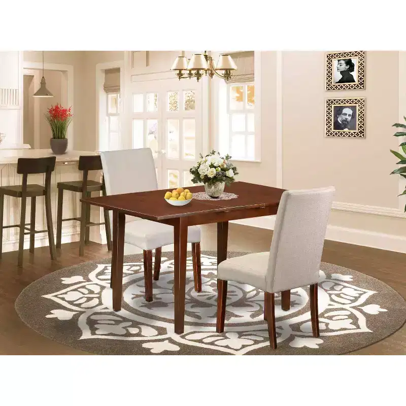 Mediterranean Dining Set - 3pc Rectangular Table w/ Leaf & 2 Parson Chairs - Cream Linen Fabric