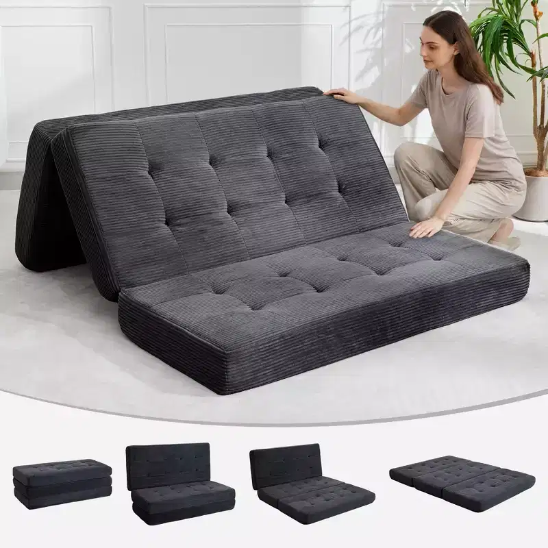 Tri-Fold Corduroy Sofa Bed 6 Inch Tufted Folding Mattress Full Size Convertible Sleeper Couch Supportive Guest Bed for Bedroom RV Camping