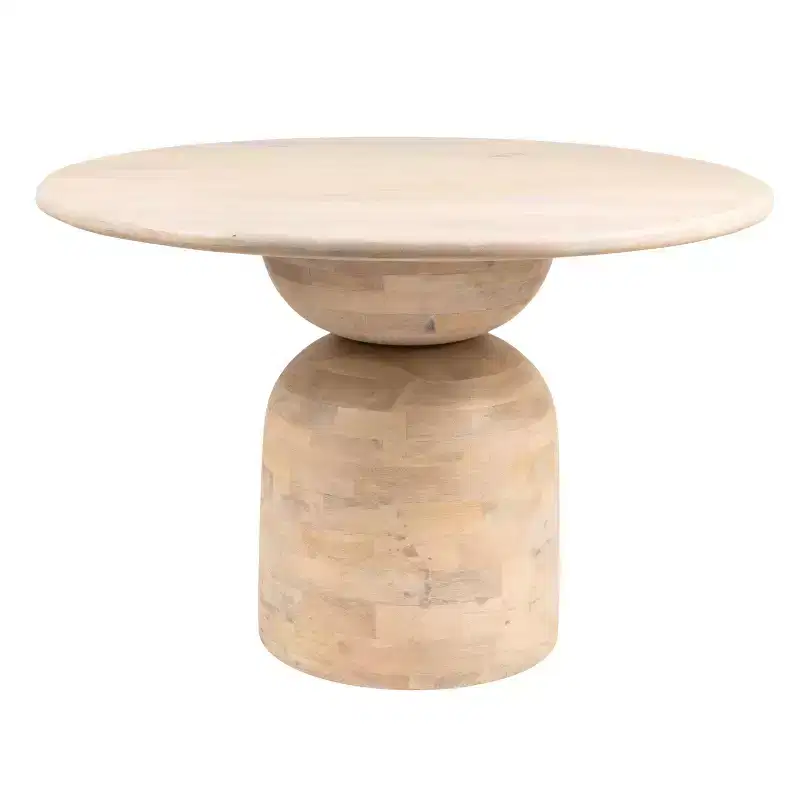 Mango Wood Dining Table Natural: Whitewashed Finish, Pedestal Base, 47" Diameter
