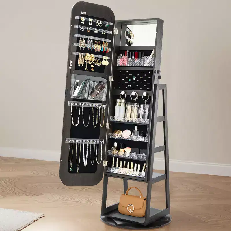 VEVOR 360 Swivel Jewelry Cabinet, 63-inch Tall, Full-Length Mirror with Storage, Standing Rotatable Jewelry Armoire Organizer,with 2 Keys, Black