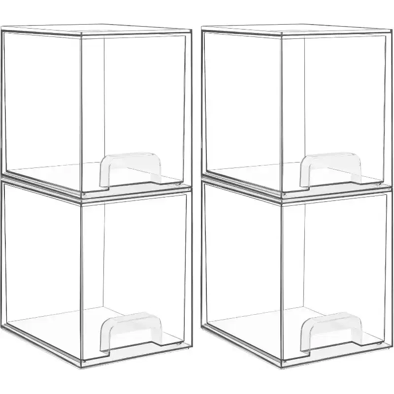 4 Pack 7.6 H Plastic Clear Stackable Storage Drawers, for Vanity, Bathroom, Kitchen, Cabinet Organization