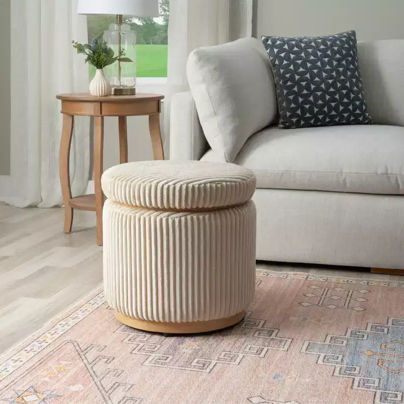 Round Storage Ottoman, Corduroy Cream – Lift-Top with Hidden Storage