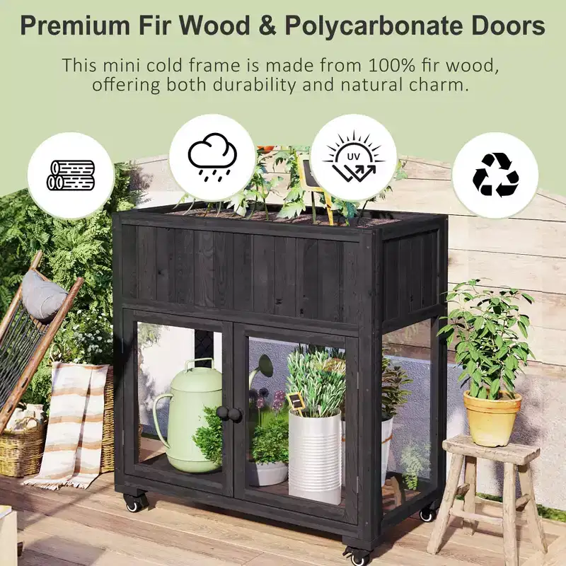 MAYEERTY 35.4''x17.7''x37.4'' Mini Cold Frame, 2-Door Greenhouse with Wheels, Indoor Outdoor, Black
