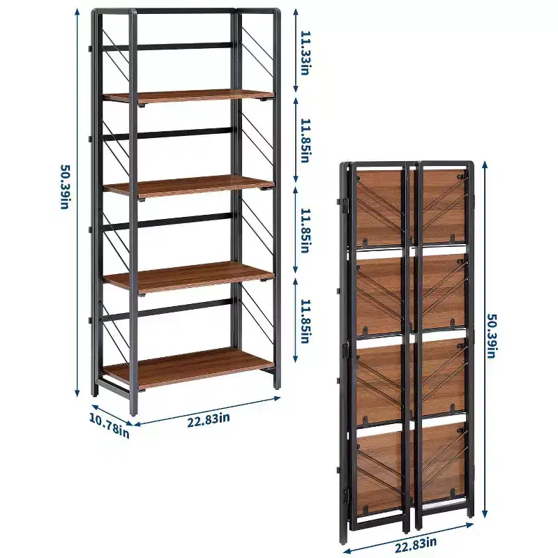 4/5-Tier Folding Shelf - No-Assembly Space-Saving Industrial Bookshelf for Home Office