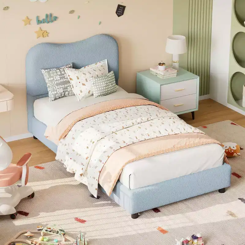 Twin Bed Frame for Kids Low Profile Platform Bed for Girls and Boyswith Velvet Upholstered Headboard, Strong Wooden SlatsEasy Assembly