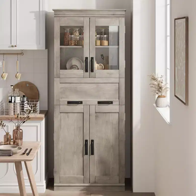67 Inch Tall Cabinet with 4 Doors & Flip Glass Drawer, Storage Cabinet with Adjustable Shelves, Freestanding Organizer for Kitchen Pantry Living Room