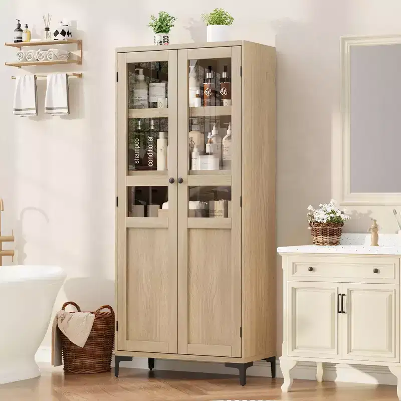Tall Storage Cabinet, Kitchen Pantry Cabinet,5 Tier Bathroom Cabinet with 4 Doors Adjustable Shelves for Kitchen, Dining Room, Bathroom