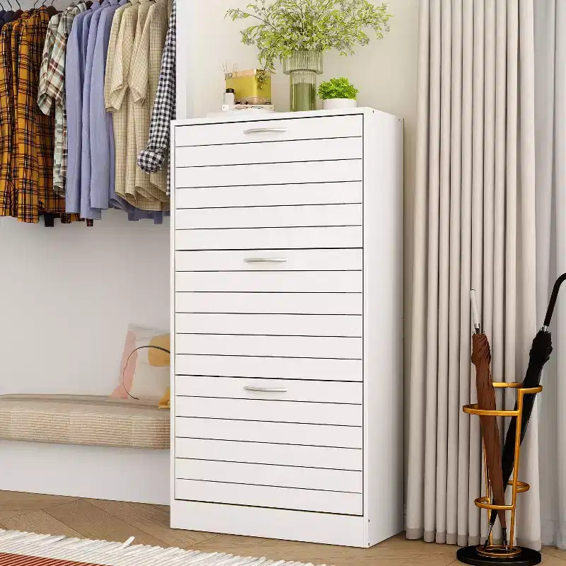 Famapy White Shoe Cabinet Flip-Flop Hollow Out Design Natural Style Generous Capacity