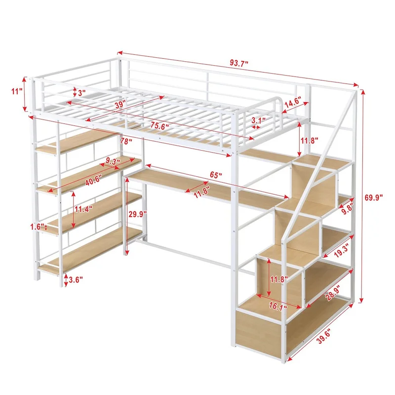 Twin Size Metal Loft Bed with Staircase, Built-in Desk and 4-Tier Shelves, 250 lbs Capacity