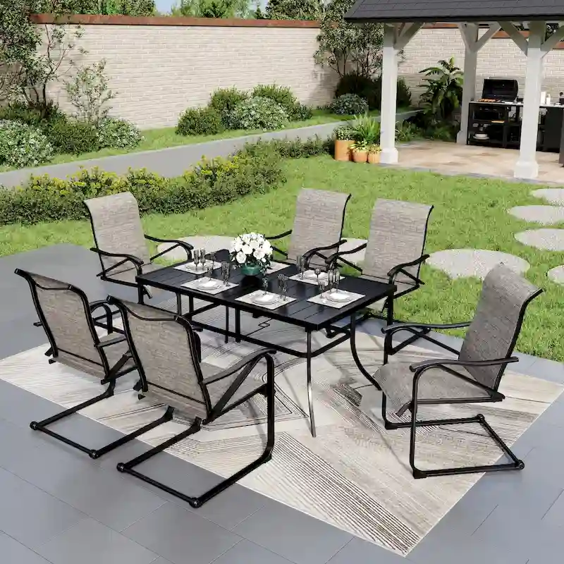 7 Pieces Patio Dining Set, 6 x C Spring Motion Chairs Textilene and 1 Metal Table with 2.6 Umbrella Hole