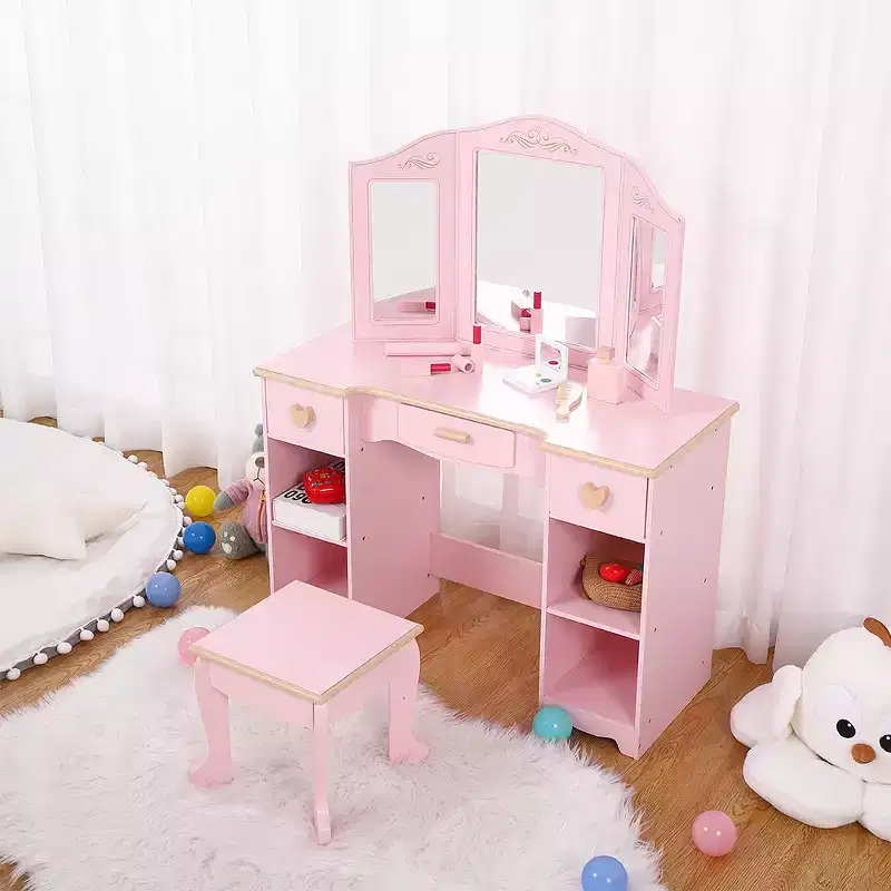 Pink Kids Vanity Set with Tri-Fold Mirror, Stool & Storage