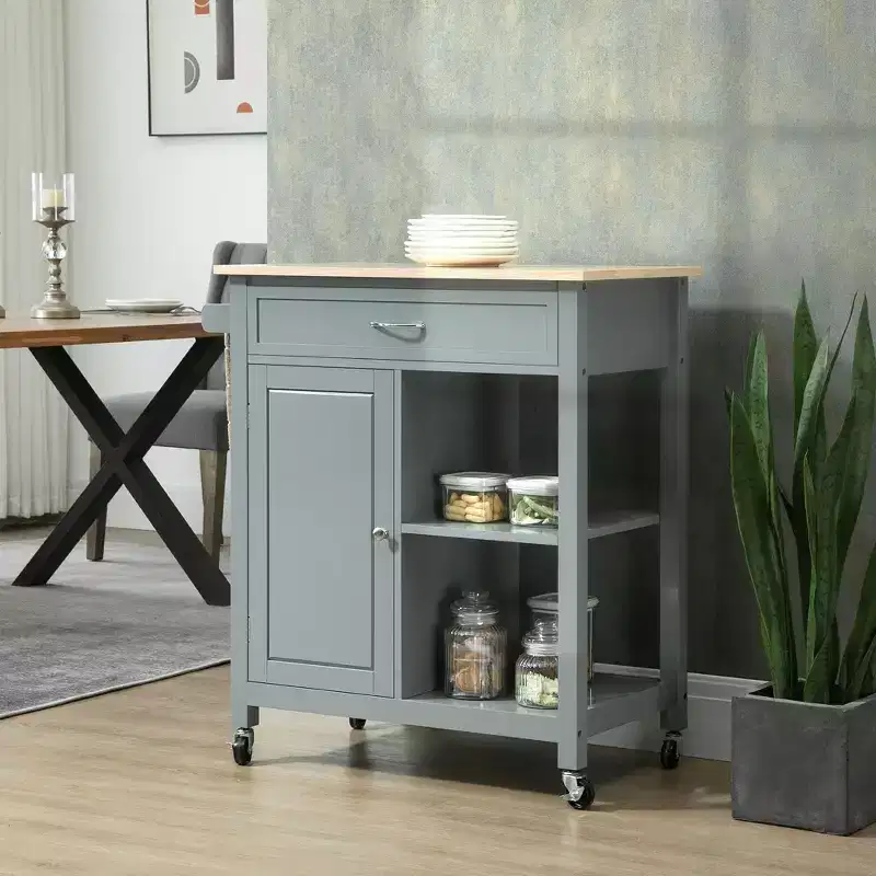 Okak Rolling Kitchen Island with Storage, Kitchen Cart with Wooden Tabletop, Kitchen Island Table for Dining Room, Kitchen, Living Room
