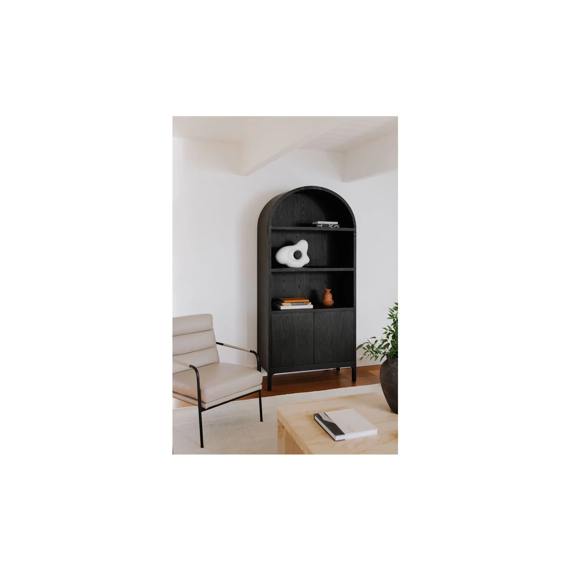Curved Solid Oak & Plywood Display Cabinet with Arch Detail & Open-Closed Storage for Living Room