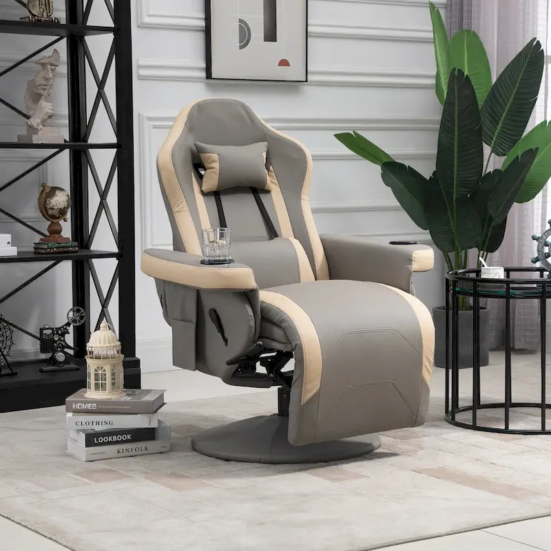 HOMCOM Manual Recliner Armchair PU Leather Lounge Chair w/ Adjustable Leg Rest, 135 Reclining Function, 360 Swivel, Cup Holder