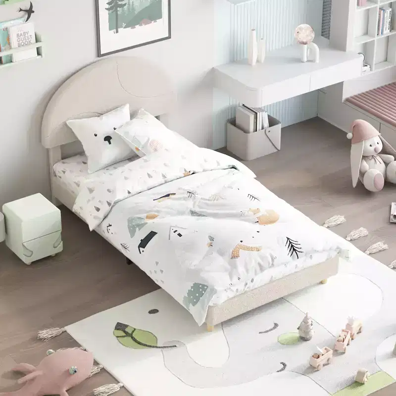 Modern Kids Bed Frame with Arch Boucle Upholstered HeadboardSturdy Wooden Slats, Noise-Free, No Box Seasonal Needed, Easy AssemblyTwin