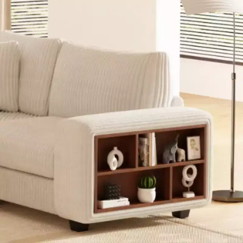 GDFStudio Antonia Modular Beige Corduroy Upholstered L-Sectional Sofa with Built-In Shelf