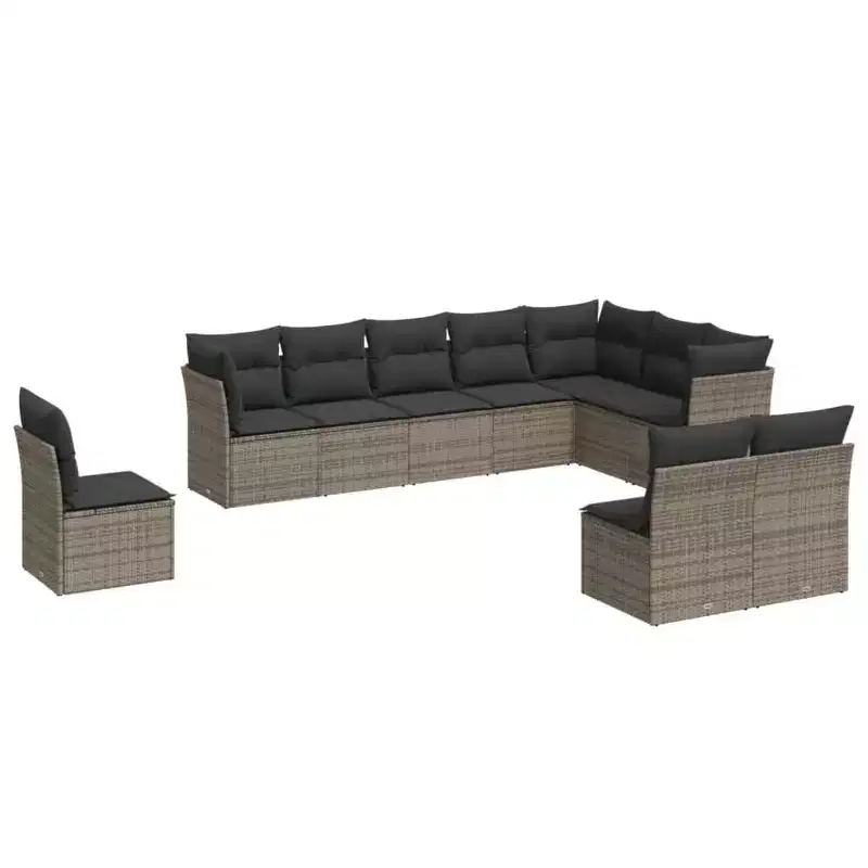 vidaXL 10 Piece Patio Sofa Set with Cushions Black Poly Rattan - Black and Blue Without Table