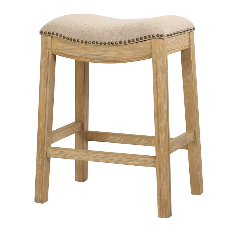 Saddle-Seat Wood Bar Stool with Upholstered Seat, Nailhead Trim