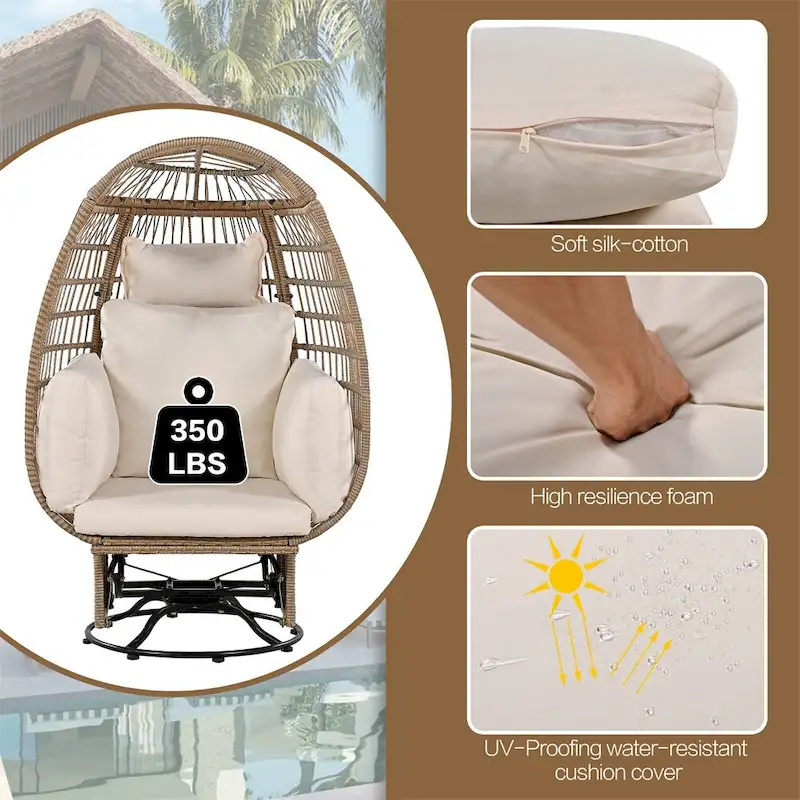 Rattan Egg Patio Swivel Chair with Cushions and Rocking Function