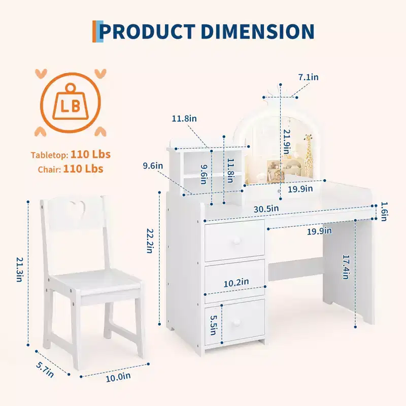 2-in-1 Girls Vanity Table & Study Desk with Lights & Mirror  Kids Wooden Makeup Vanity Set with Storage Shelves, Drawers&Chair, Perfect for Dressing