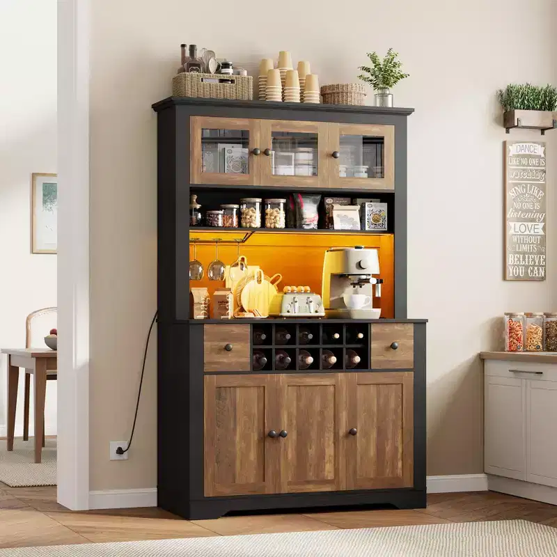 COZONY 68.7 Farmhouse Kitchen Pantry Cabinet with Countertop, Drawers & Adjustable Shelves, Tall Storage Hutch with Bottle Rack