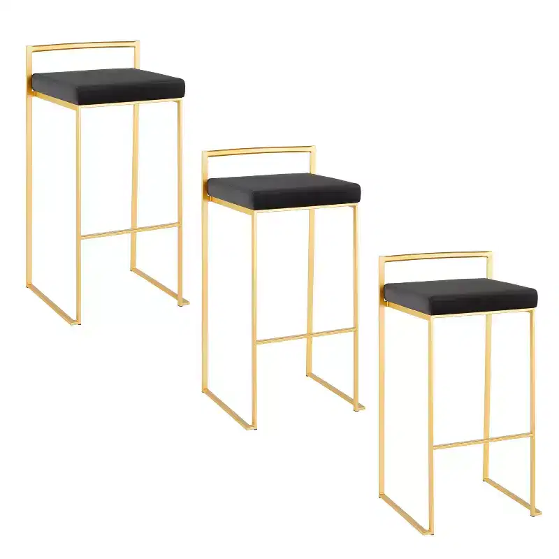 LumiSource Set of 3 Fuji Stacker Barstools Gold/Black Velvet