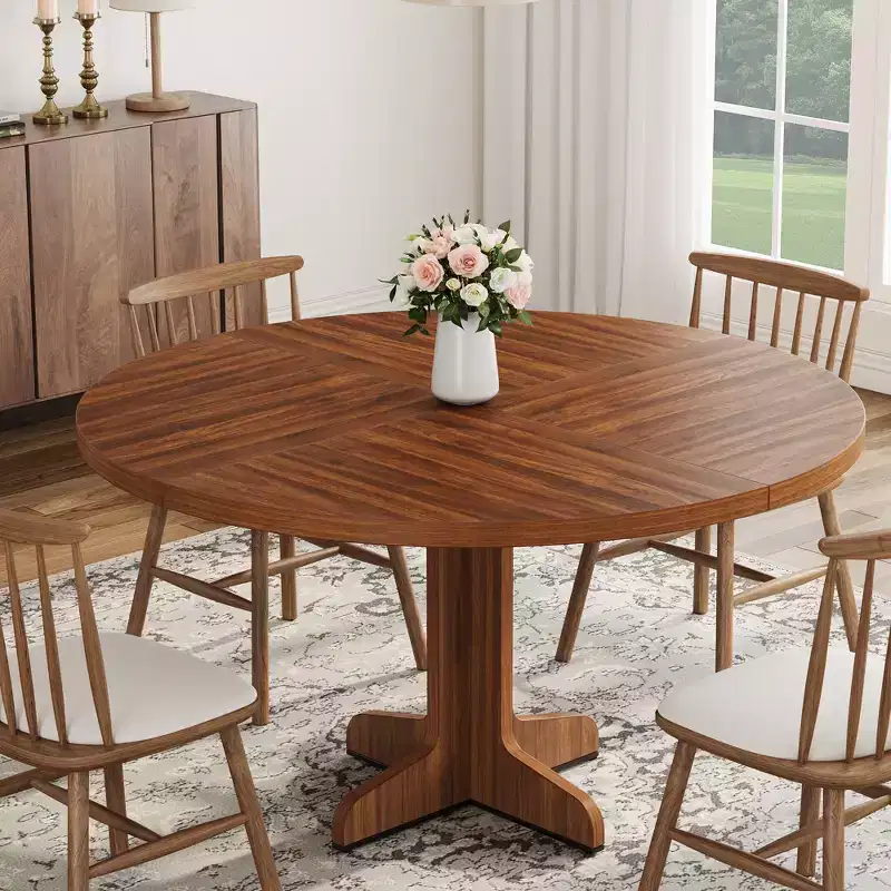 Round Dining Table for 4, Circle Dining Room Table with Wooden Base for Kitchen, Living Room, Walnut