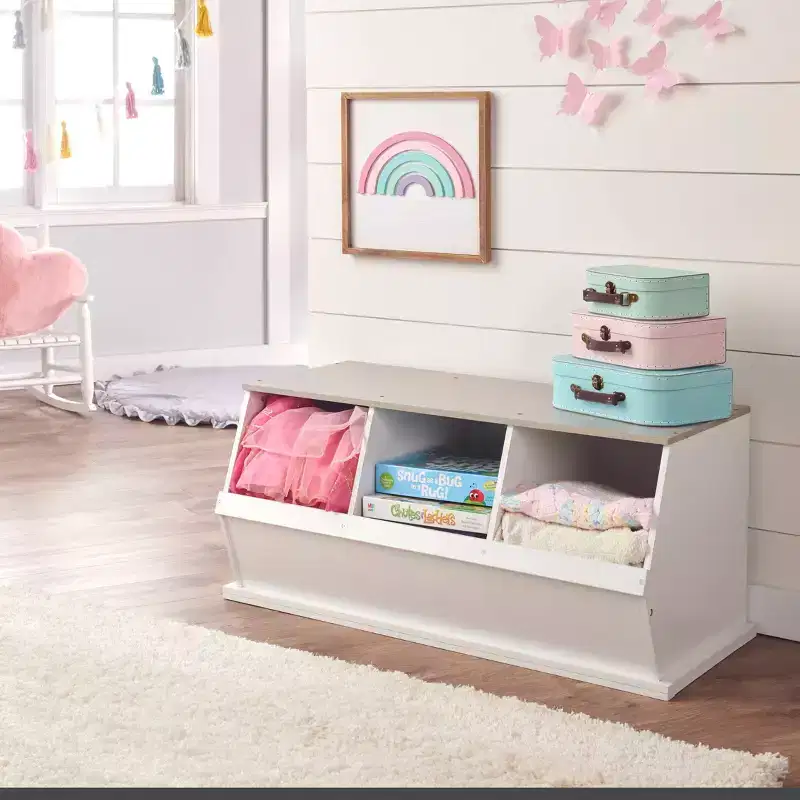 Badger Basket Three Bin Stackable Storage Cubby White/Gray Woodgrain