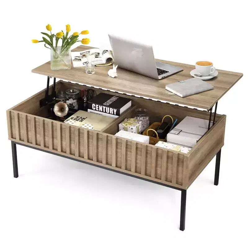Coffee Table, Lift Top Coffee Table with Storage Shelf & Hidden Compartment - Mid Century Modern Rustic Rectangle Table (Living Room)