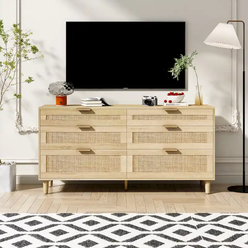 Rattan 6-Drawer Double Dresser with Metal Handle, Clothes Storage Cabinet for Bedroom