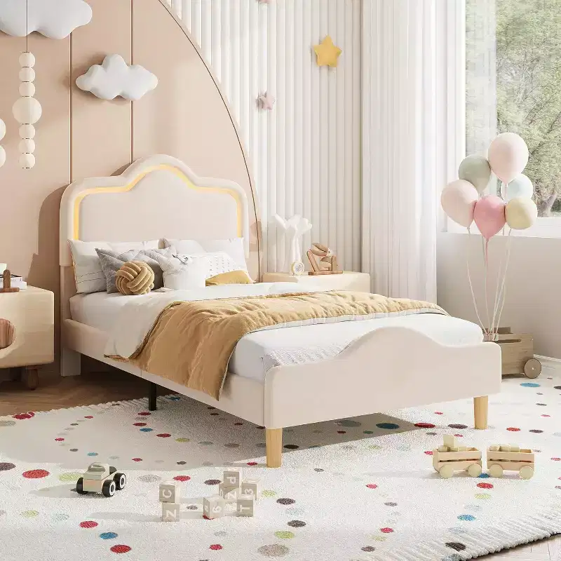 Beige/Pink/Gray Upholstered LED Bed Frame with Adjustable Headboard, Velvet Princess Platform Bed for Girls with Wooden Slat Support, Easy Assembly