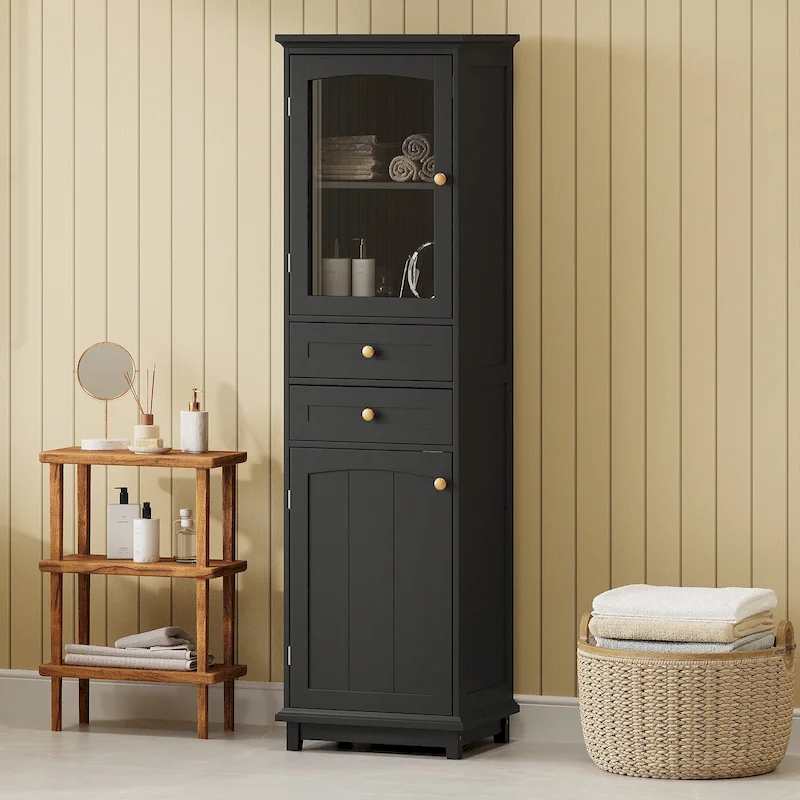 17.7 in. W x 14.2 in. D x 63 in. H Linen Cabinet with Glass Door and Two Drawers