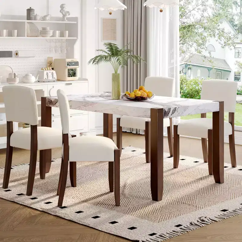 Faux Marble Dining Table Set for 4, 5 Pieces Rectangle Dining Table with 4 Upholstered Chairs for Small Space Kictchen