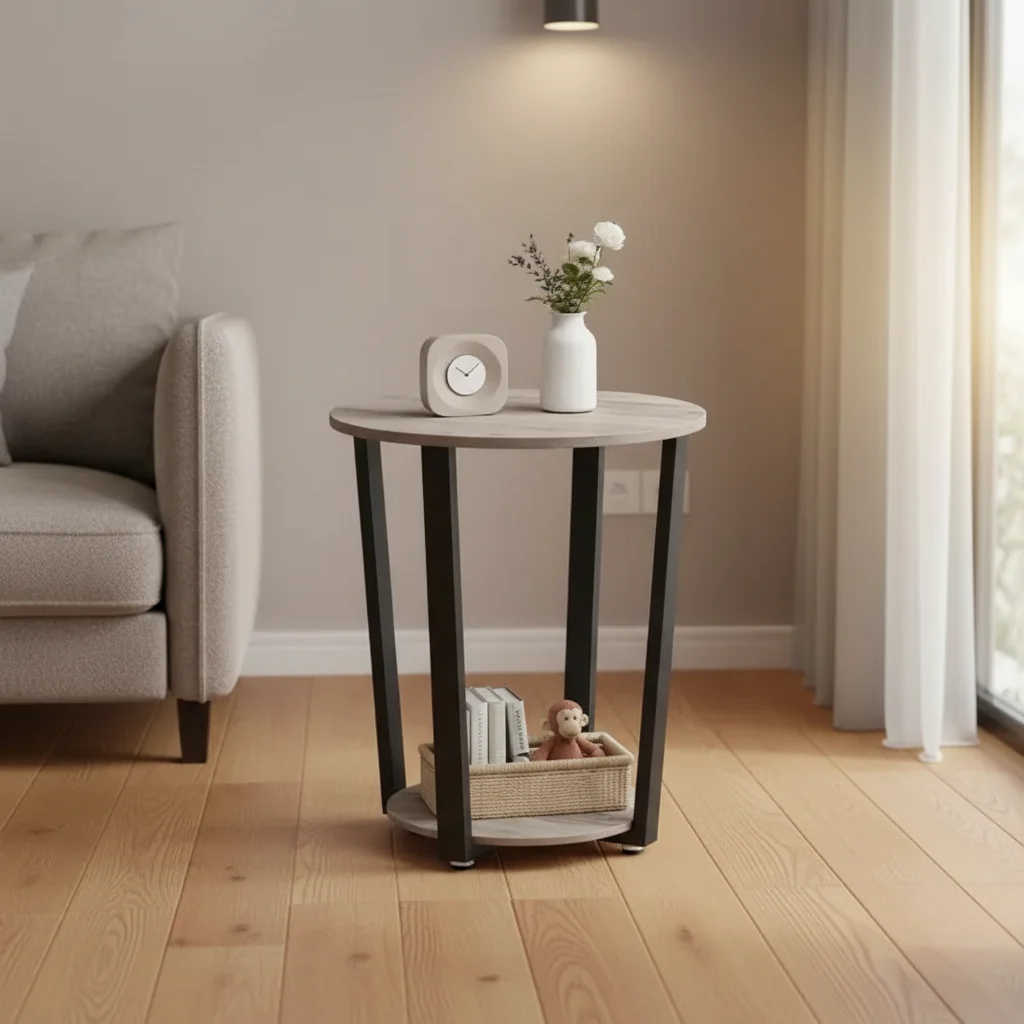 Round Side Table with Storage Shelf Industrial Steel Frame