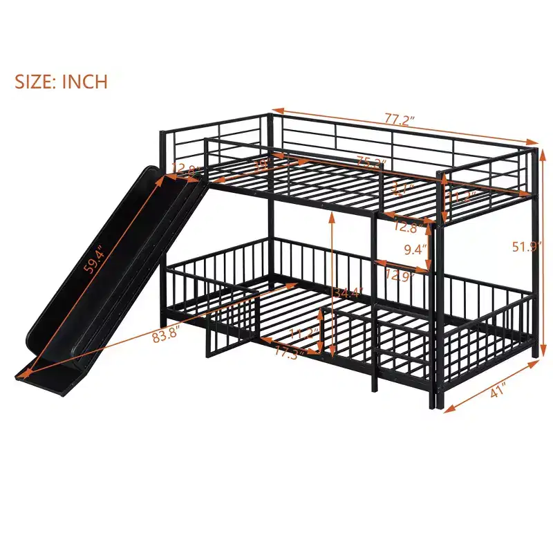 Metal Bunk Bed with Slide & Guardrails, Metal Bunkbeds Frame for Kids' Bedrooms