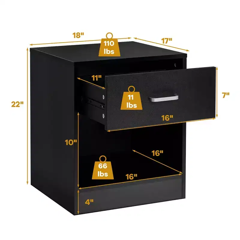 Modern Nightstand with Drawer and Open Shelf Black/Brown