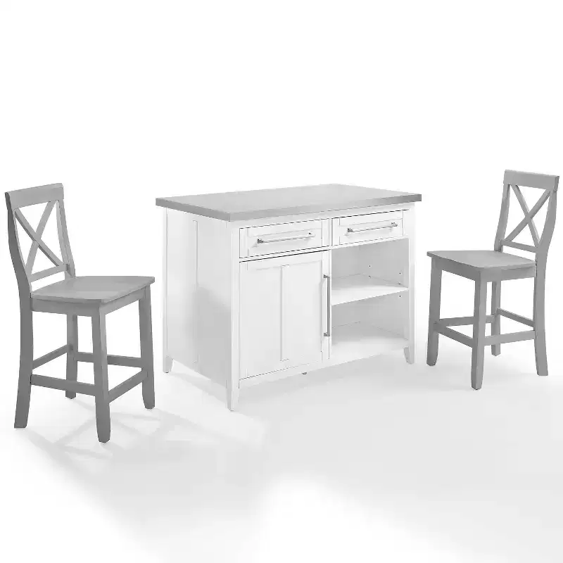Stainless Steel Top Kitchen Island with X-Back Stools - White/Gray