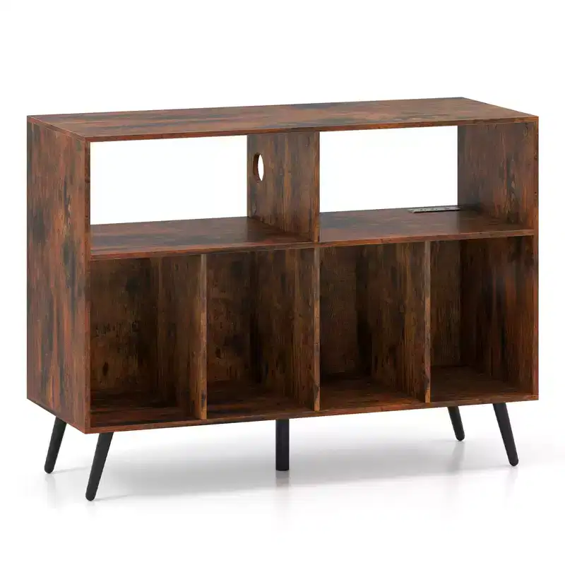 Record Player Stand with Charging Station, Open Shelves & Compartments, Raised Legs