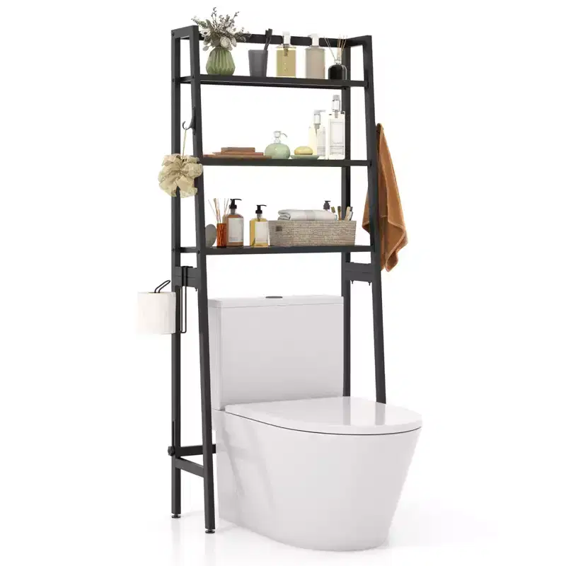 3-Tier Over-the-Toilet Storage Shelf, Free Standing, 2 Side Hooks, 132 lb Capacity