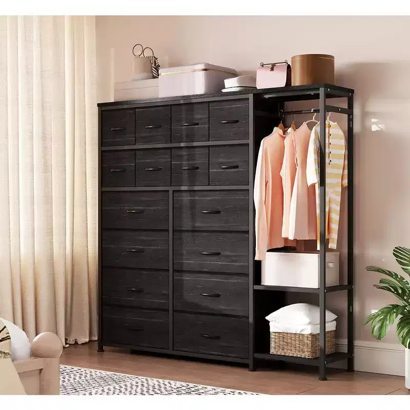 Dresser with 16 Drawers & Hanging Rod & Shelves, Fabric Storage Organizer for Bedroom, Closet, or Entryway