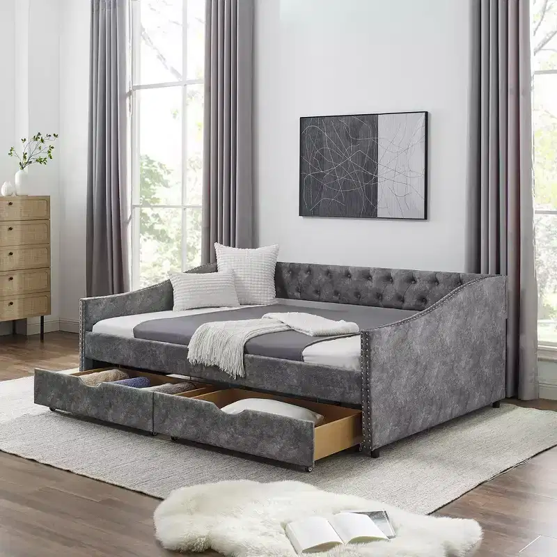 Full Size Button Tufted Sofa Bed with Drawers and Wave Arms Gray