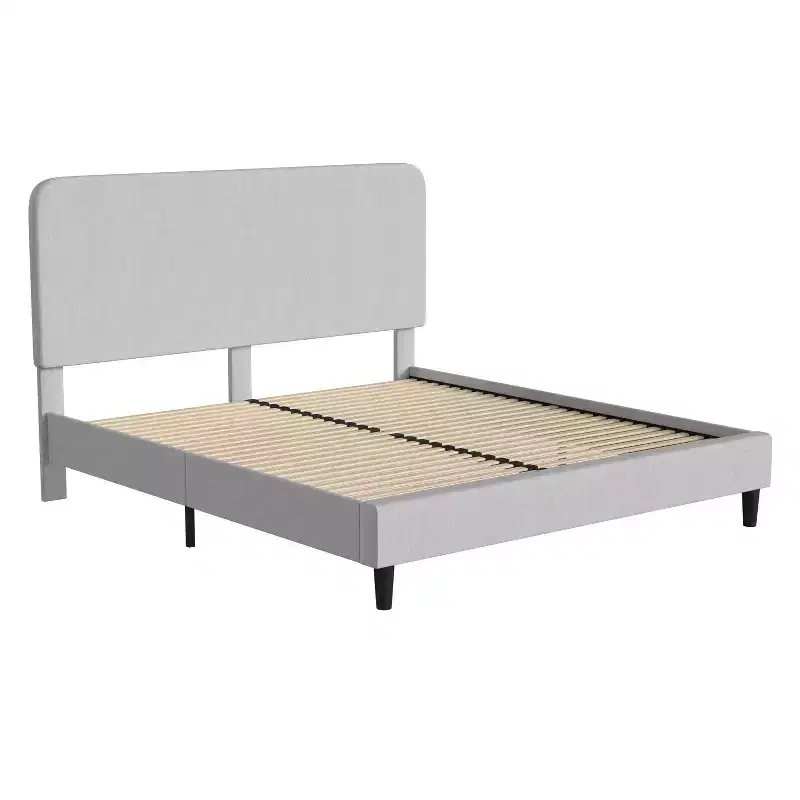 Emma and Oliver Pasithea Upholstered Platform Bed with Curved, Slim Panel Headboard and Wooden Support Slats