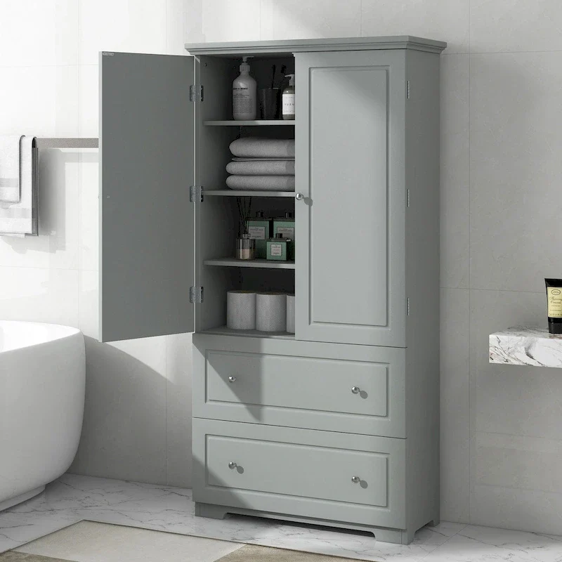 Gray Freestanding Storage Cabinet with 2 Drawers, 2 Doors & Adjustable Shelves