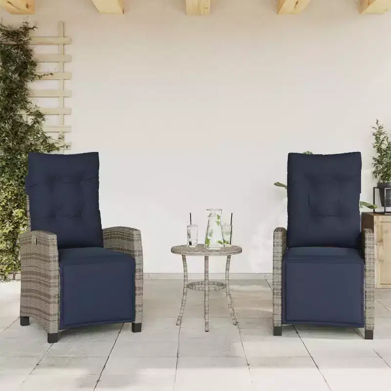 vidaXL Reclining Patio Chairs with Footrest - Set of 2, Adjustable Poly Rattan Loungers, Weather-Resistant & UV-Protected, Easy Clean, Navy Cushions