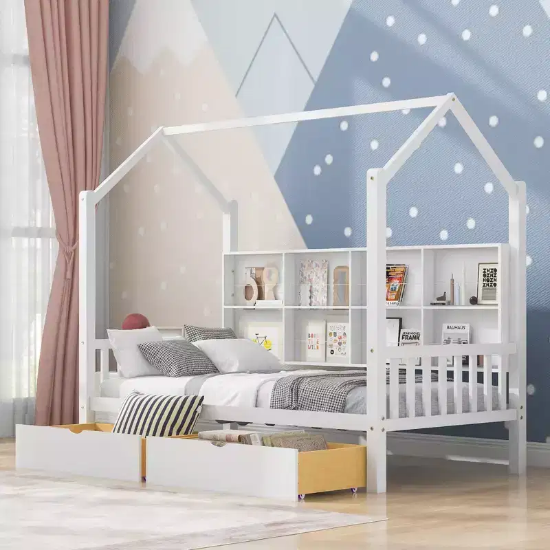 Twin Size House Bed,with Trundle and Storage Shelf,Kids Bed with Roof Design,Multifunctional Sky Roof House Bed Frame,No Box Spring Required